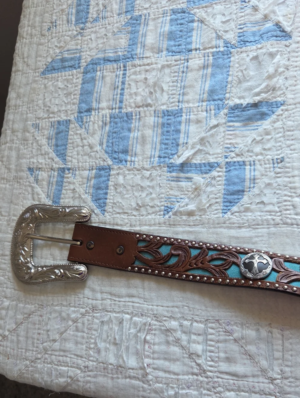Brown Leather Western Belt with Turquoise Inlay and Silver-Tone Buckle